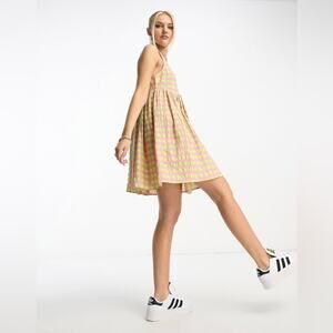 ASOS DESIGN square neck mini smock sundress in pink and green gingham size 12us